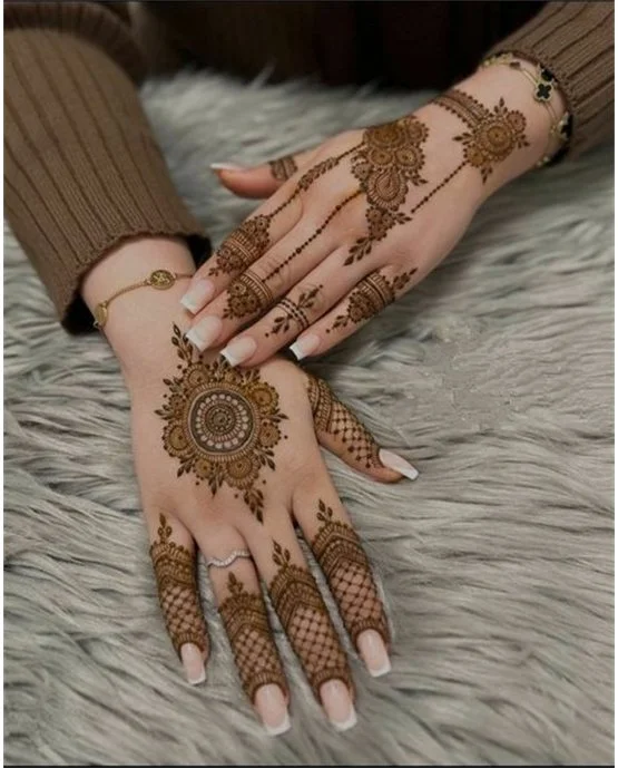 Diamond Tendril Flow Blending Into Back Hand Mehndi Design